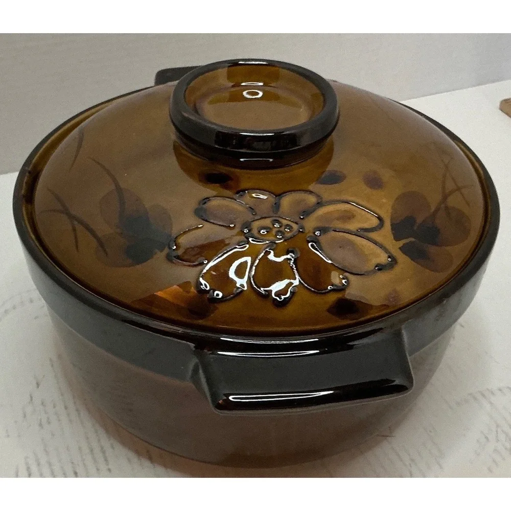 Vintage Ceramic Casserole Bean Pot with Lid Brown Floral Oven Proof Stoneware